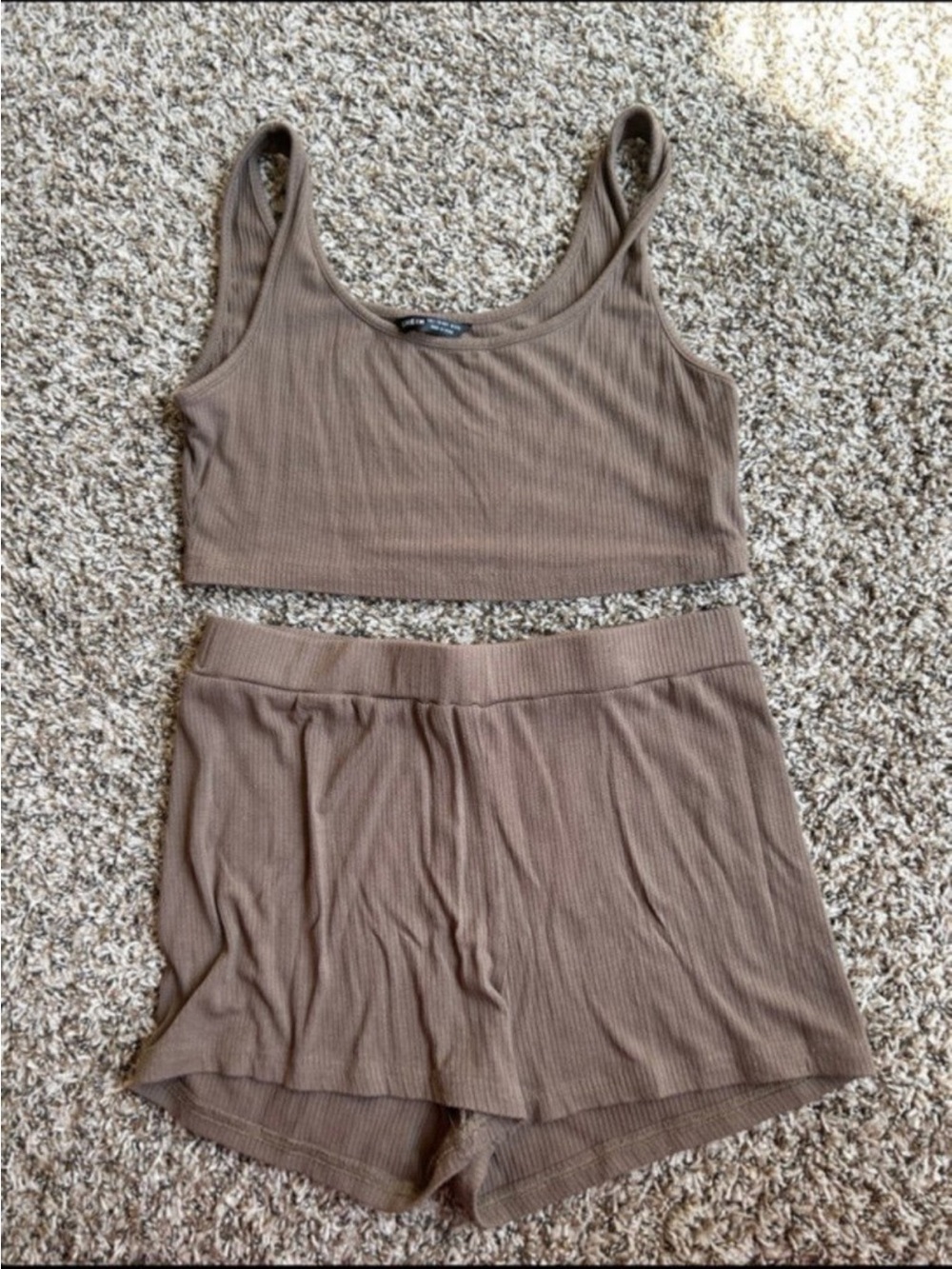 Ribbed Two-Piece Tank and Shorts Set in Brown